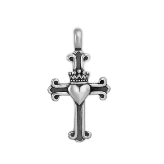Oxidized Sterling Silver Fleury Cross Love Heart Crown Christening Pendant - sugarkittenlondon