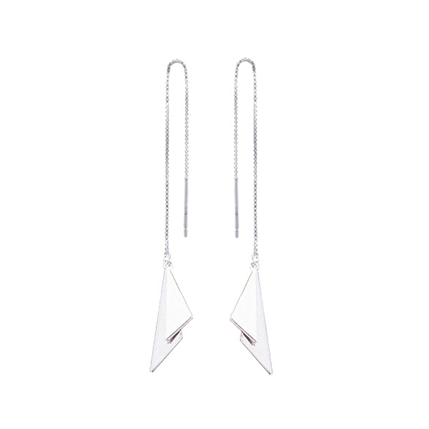 925 Sterling Silver Double Triangle Shiny Drop Threader Earrings - sugarkittenlondon
