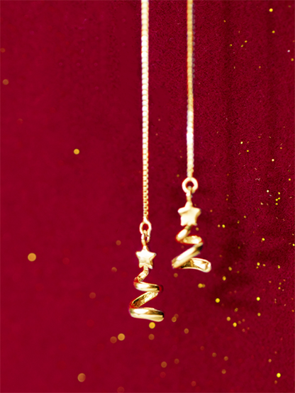 18K Gold-Plated Sterling Silver Star Ribbon Christmas Tree Threader Earrings - sugarkittenlondon