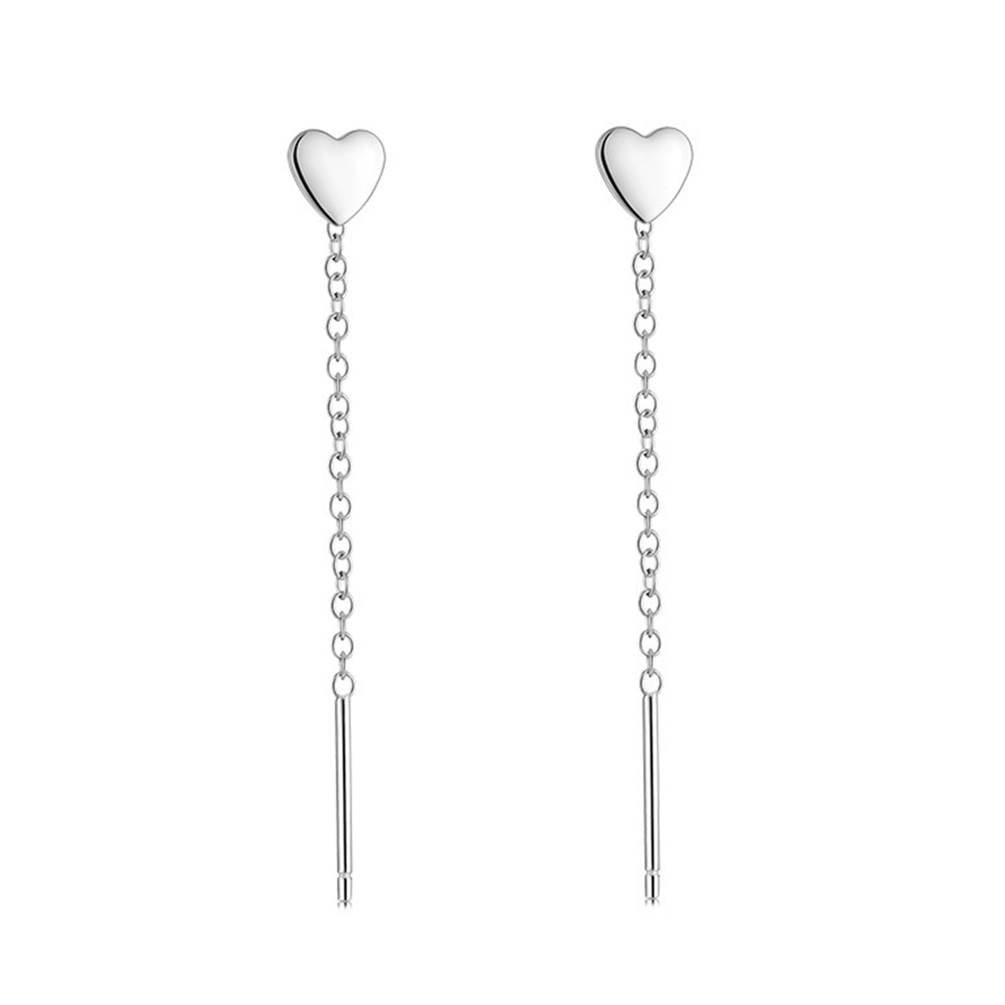 925 Sterling Silver Heart Threader Dangle Earrings with Shiny Finish - sugarkittenlondon