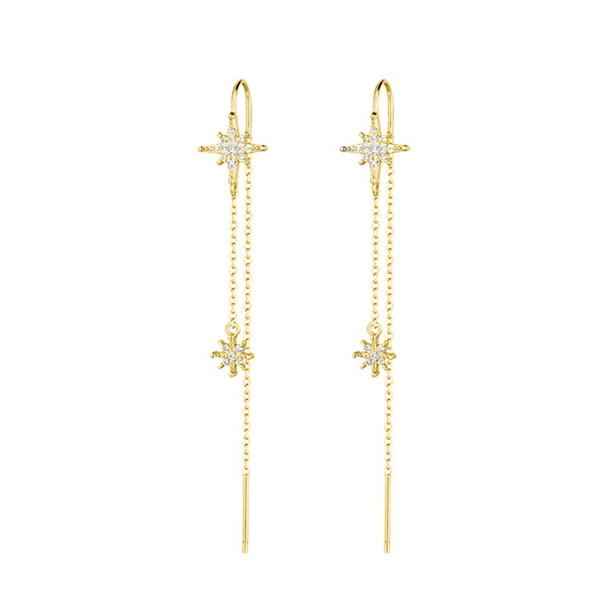 Gold-plated Sterling Silver Paved CZ Pole Star Chain Drop Through Earrings - sugarkittenlondon