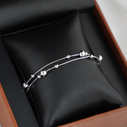 Rhodium on Sterling Silver 3mm 5mm Ball Beads Double Layer Box Chain Bracelet - sugarkittenlondon
