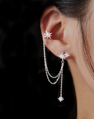 Sterling Silver Paved CZ Pole Star Chain Drop Cuff Pin Post Earrings (One Side) - sugarkittenlondon