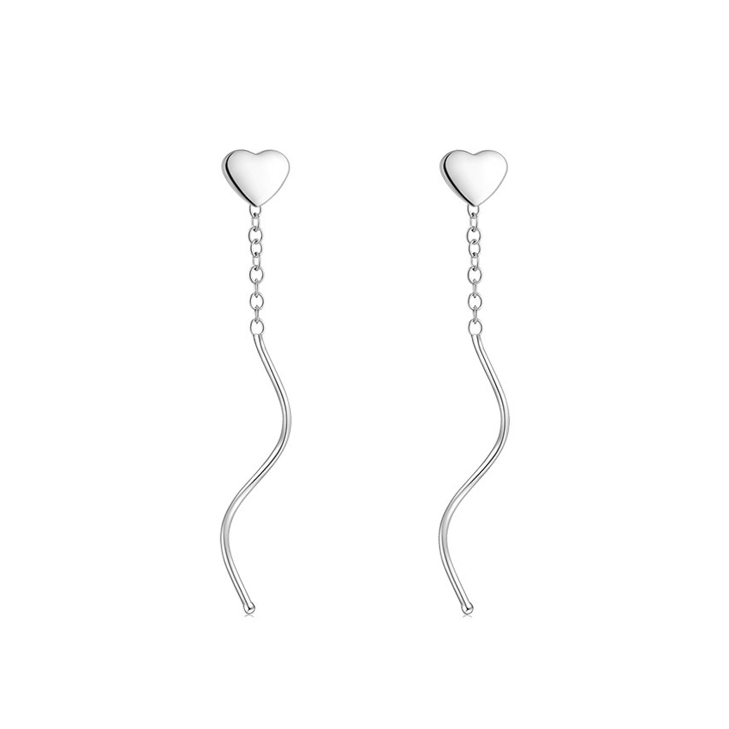 Shining Heart Sterling Silver Wave Pull Through Threader Dangle Earrings - sugarkittenlondon