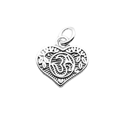 Sterling Silver Aum Pendant Hindu Sanskrit Symbol with Leaf Heart Charm - sugarkittenlondon