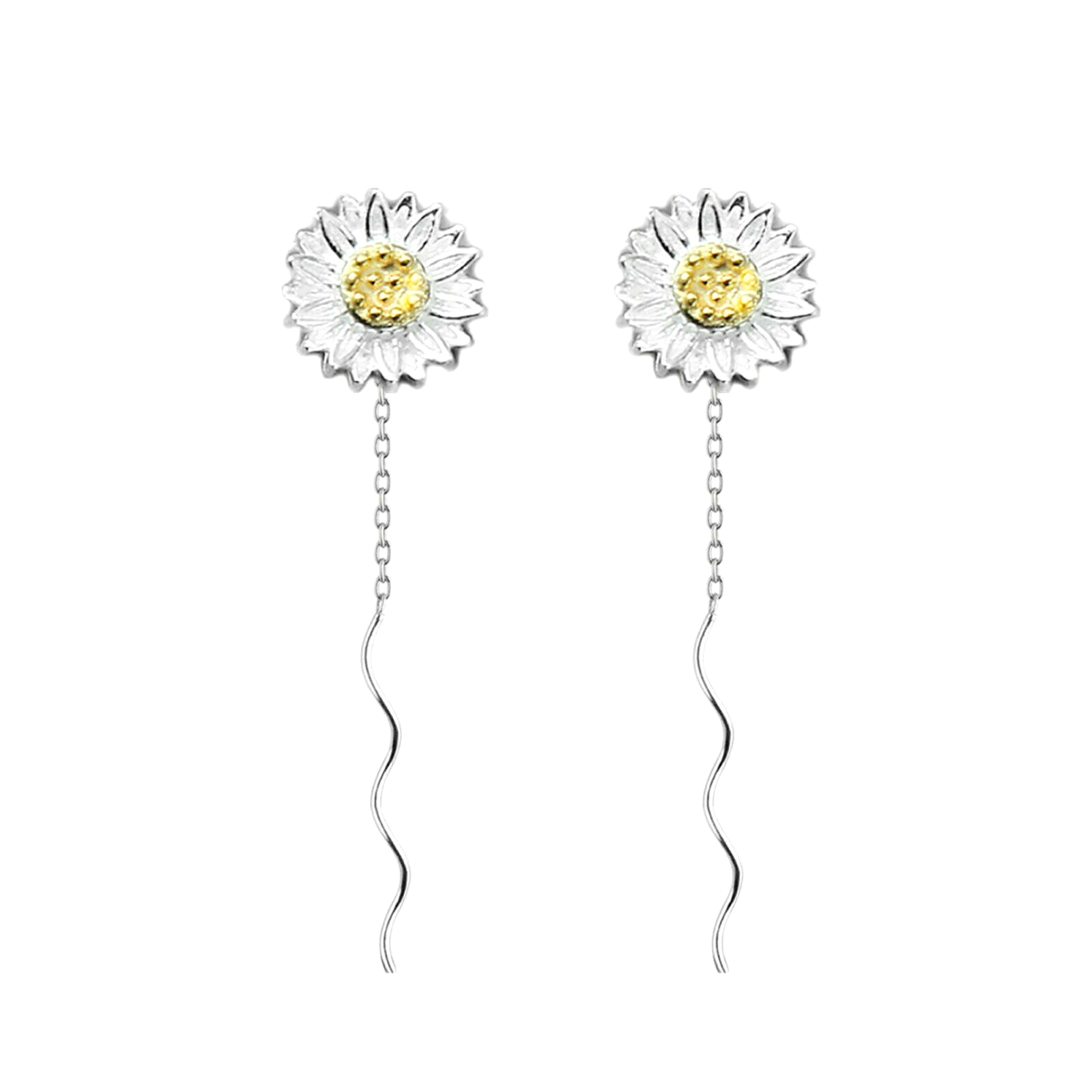 Sunflower Pull-Through Wave Threader Dangle Earrings in Sterling Silver - sugarkittenlondon