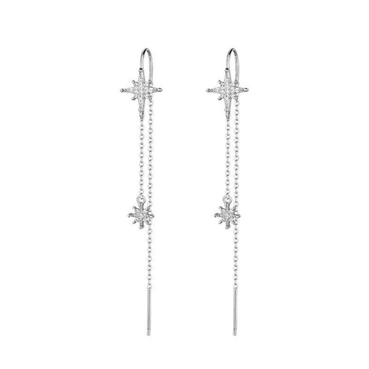 925 Sterling Silver Threader Earrings with Paved CZ Pole Star Chain Drop - sugarkittenlondon