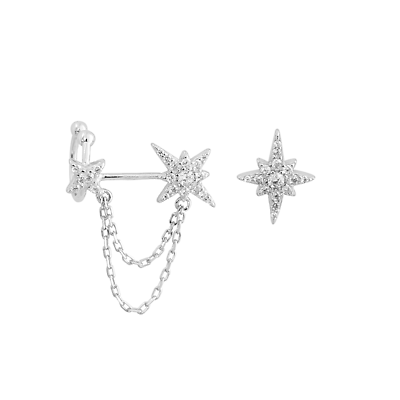 Asymmetrical Sterling Silver Paved CZ Pole Star Chain Cuff Earrings - sugarkittenlondon