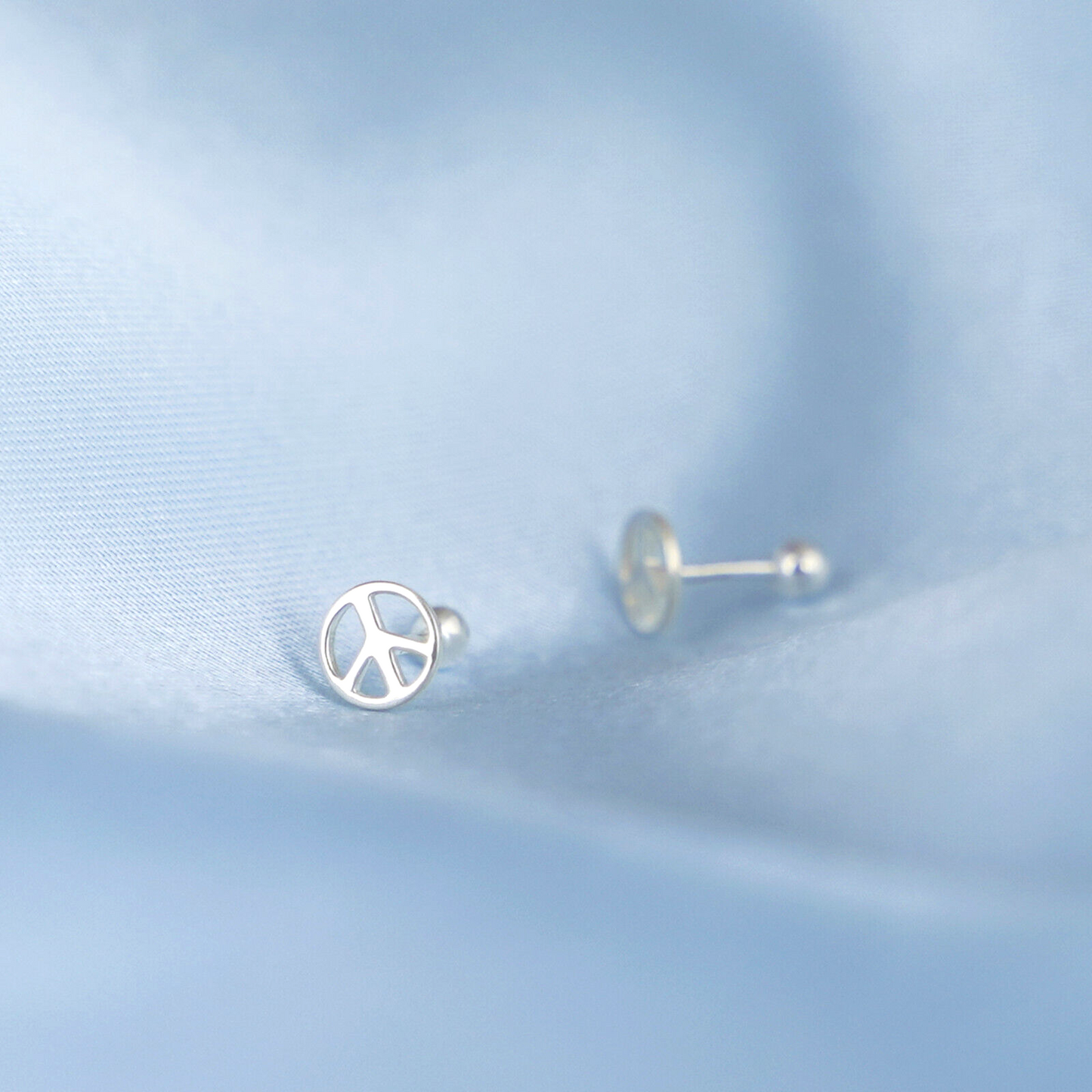 999 Silver Peace Sign Earrings | CND Symbol Barbell Beads on Screw Back Posts - sugarkittenlondon