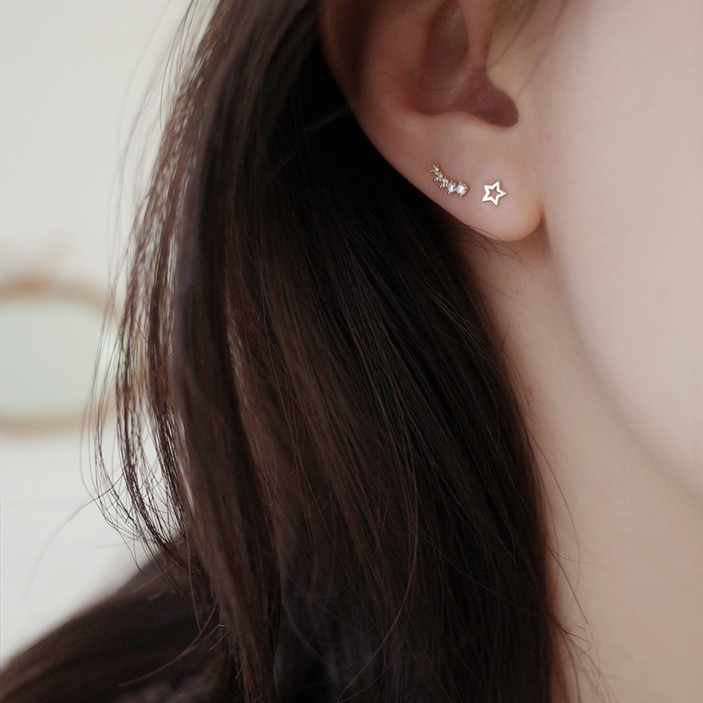 Minimalist Gold Stud Earrings on Sterling Silver with CZ Star Links - sugarkittenlondon