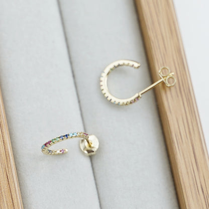 14K Gold Plated Sterling Silver Eternity Hoop Earrings with Rainbow CZ and Synthetic Turquoise - sugarkittenlondon