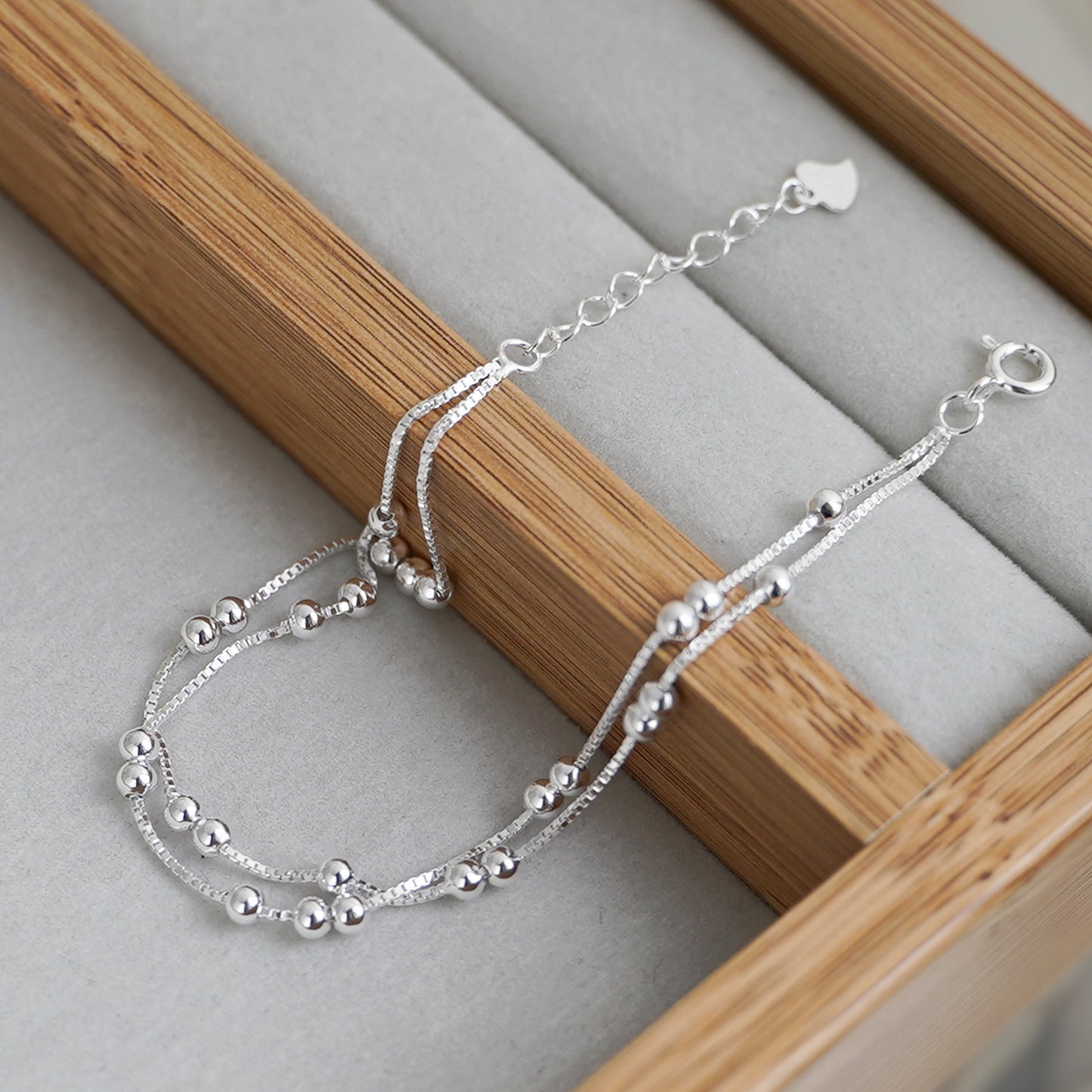 Sterling Silver 2.5mm Ball Beads Double Layer Box Chain Bracelet 16 - 19cm 7.5'' - sugarkittenlondon