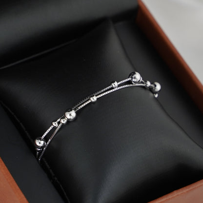 Rhodium on Sterling Silver 3mm 5mm Ball Beads Double Layer Box Chain Bracelet - sugarkittenlondon