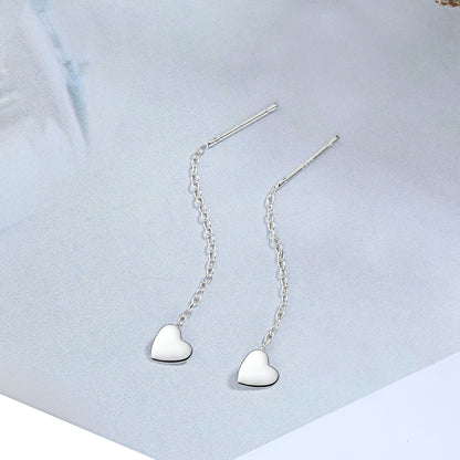 925 Sterling Silver Heart Threader Dangle Earrings with Shiny Finish - sugarkittenlondon