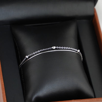 Rhodium on Sterling Silver 3mm Bead Ball Snake Chain Adjustable 2 Layers Bracelet - sugarkittenlondon