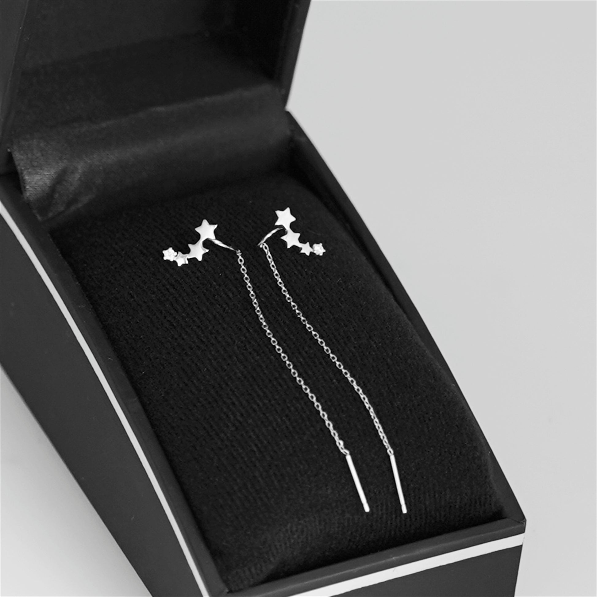 925 Sterling Silver CZ Chain Threader Earrings with Linked Stars in 2 Tones - sugarkittenlondon