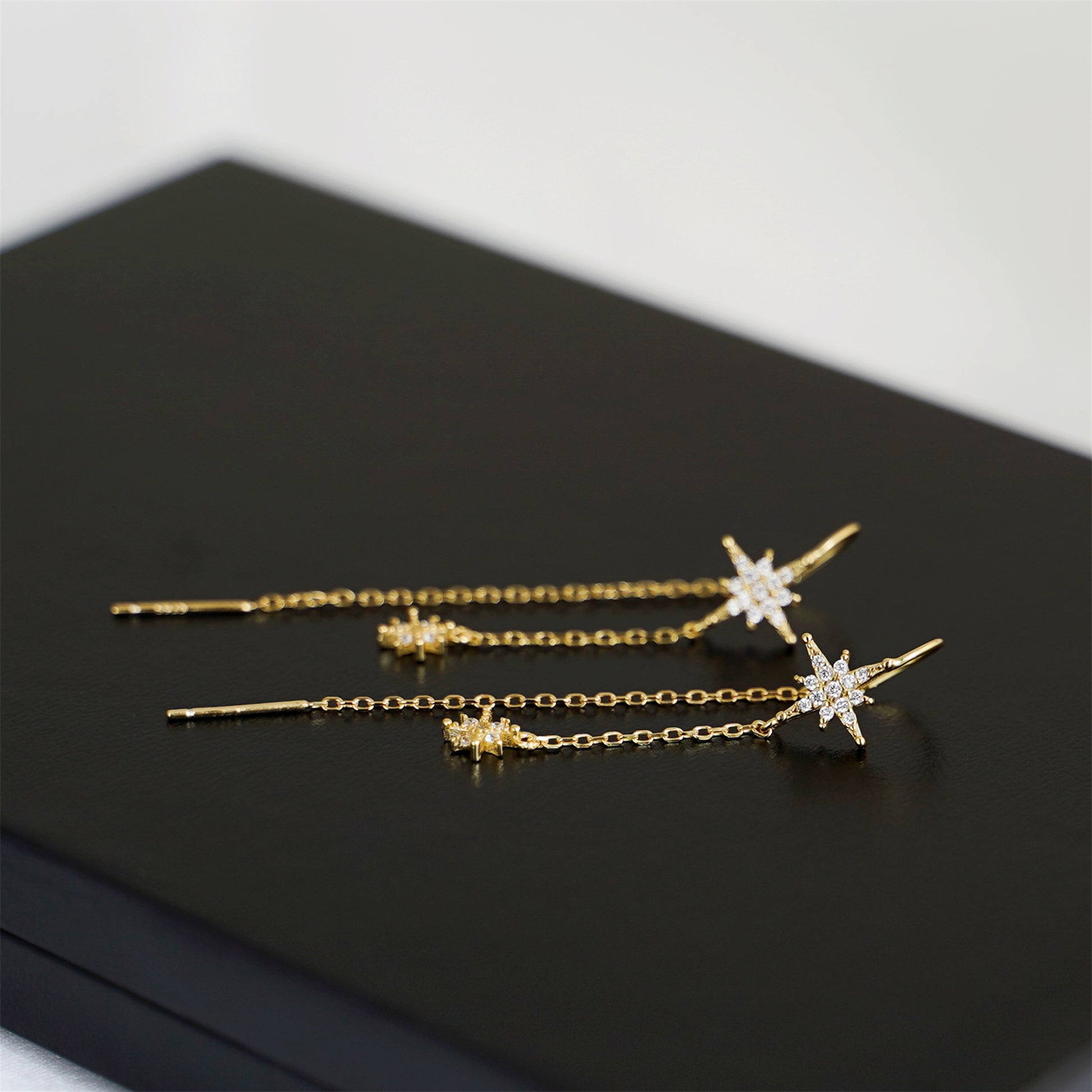 Gold-plated Sterling Silver Paved CZ Pole Star Chain Drop Through Earrings - sugarkittenlondon