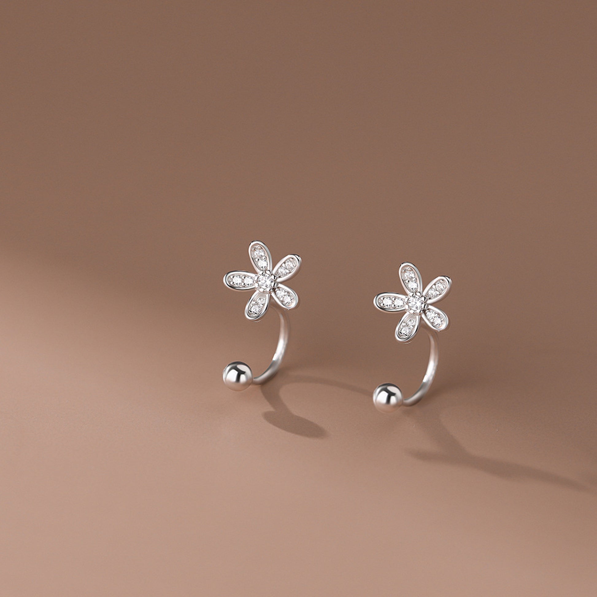 Sterling Silver Paved CZ Flower Barbell Bead Screw Back Jacket Earrings for Women - sugarkittenlondon