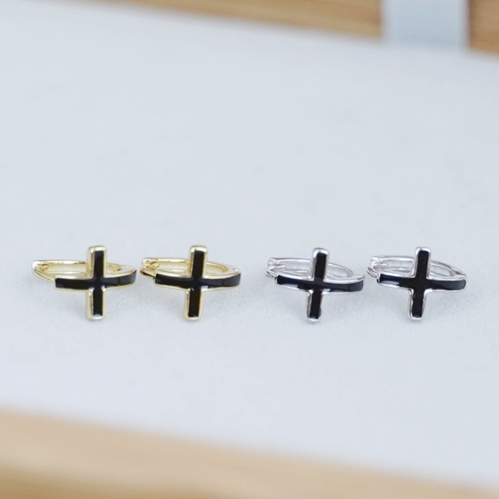 9mm Cross Hoop Earrings in Sterling Silver with Black Glaze - sugarkittenlondon