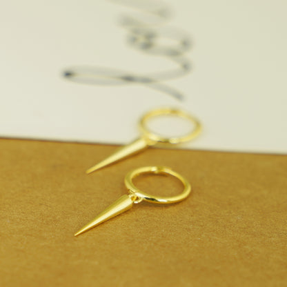 18K Gold on Sterling Silver Long Cone Spike Charm Drop Hinged Hoop Earrings - sugarkittenlondon