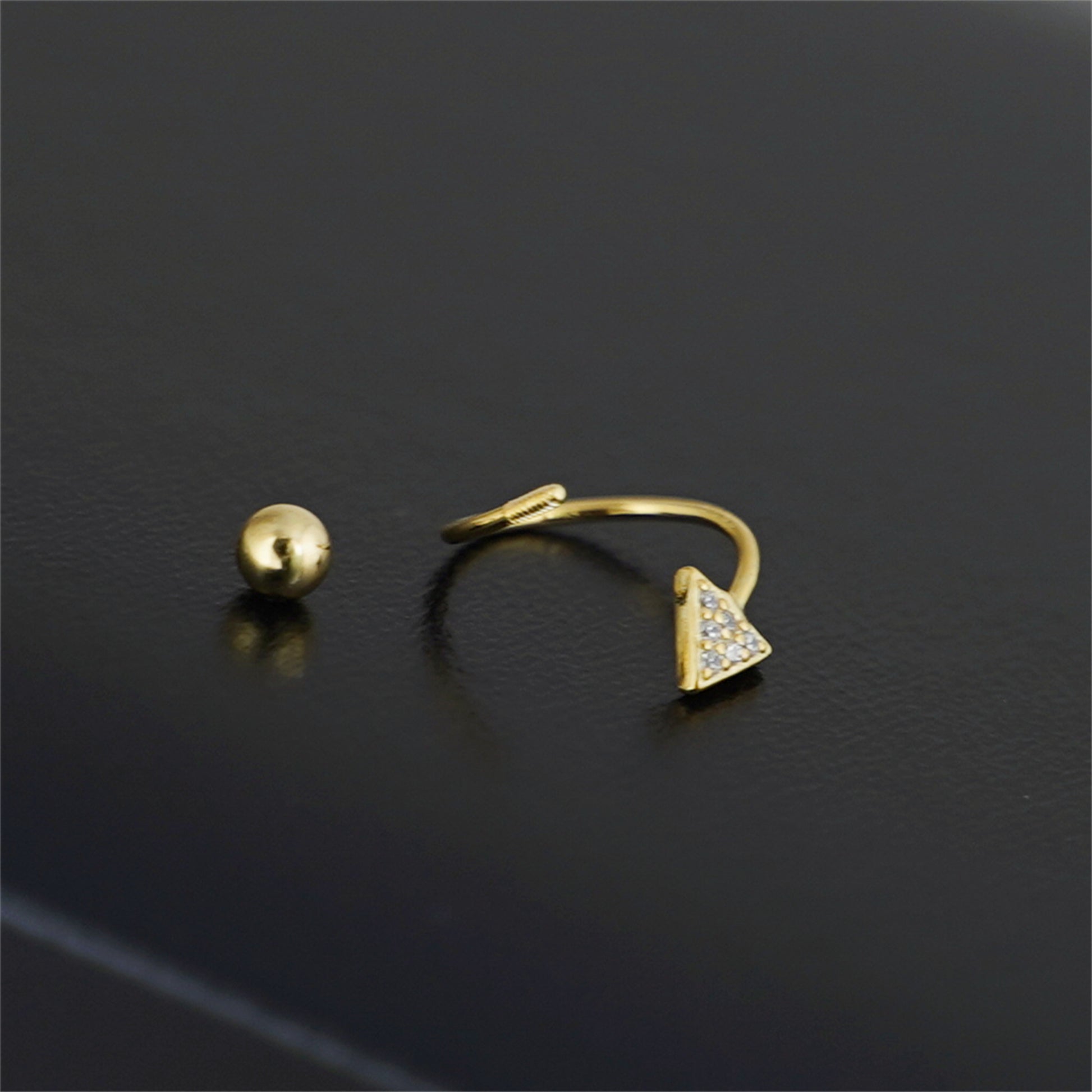 CZ Arrow Stud Earrings | Twirl Wire Huggie Screw Back Beads Earrings in 18K Gold on Sterling Silver - sugarkittenlondon