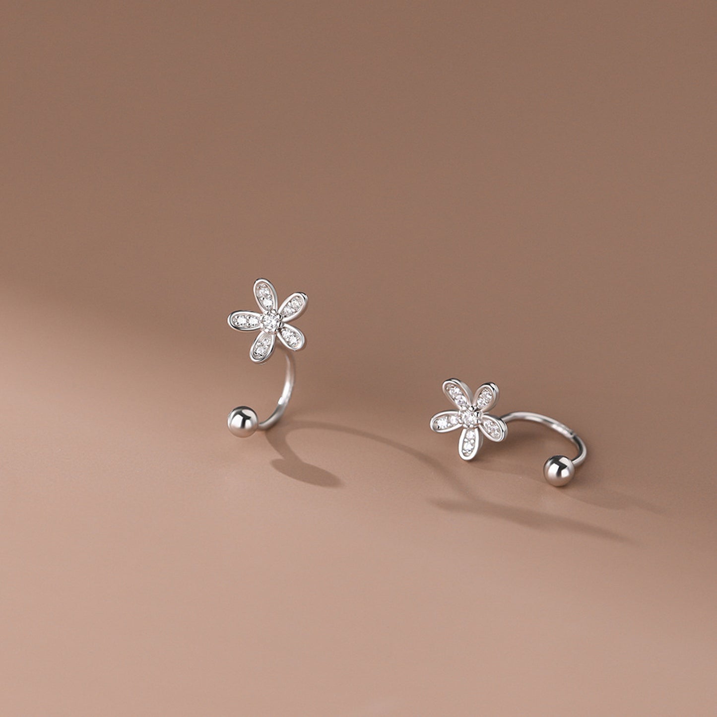 Sterling Silver Paved CZ Flower Barbell Bead Screw Back Jacket Earrings for Women - sugarkittenlondon