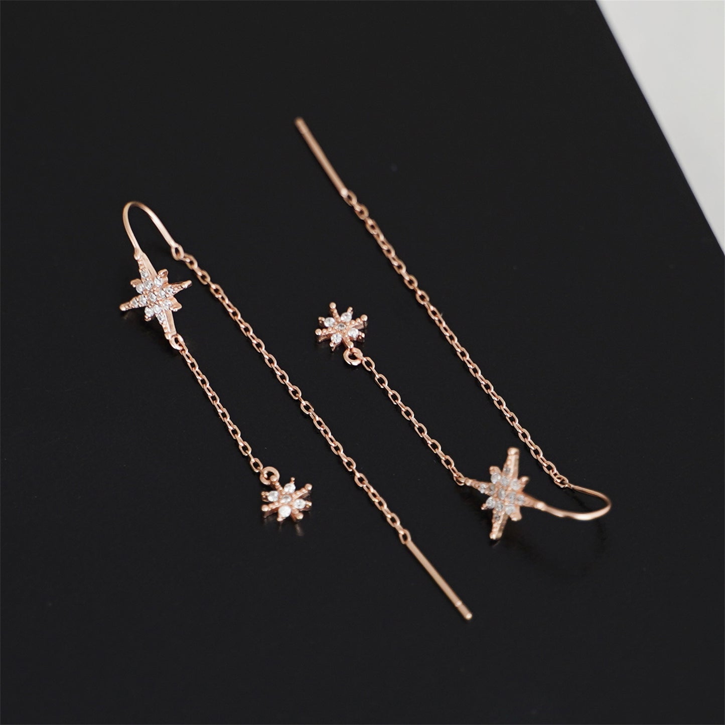 Rose Gold Threader Earrings with Paved CZ Pole Star Chain Drops - sugarkittenlondon