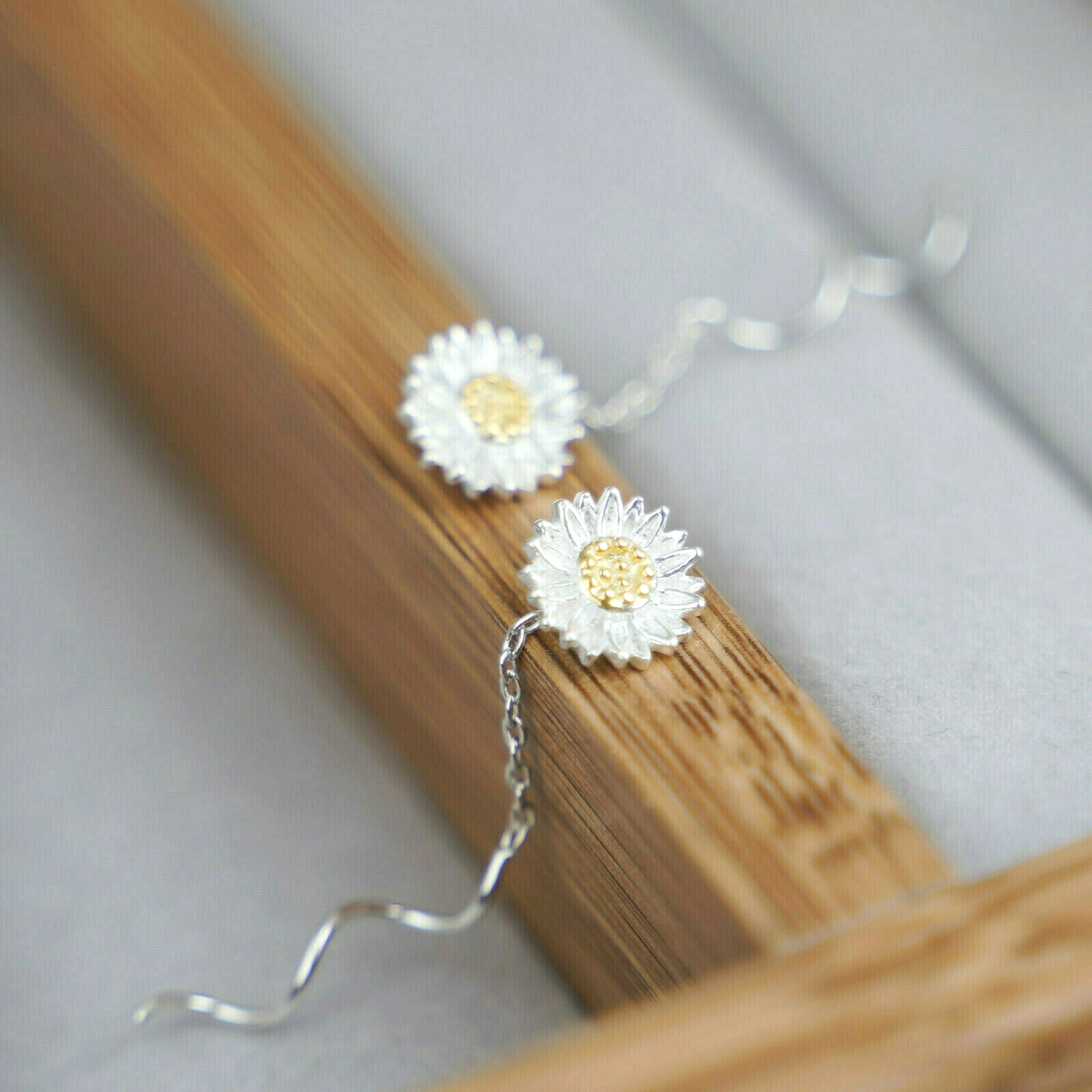 Sunflower Pull-Through Wave Threader Dangle Earrings in Sterling Silver - sugarkittenlondon