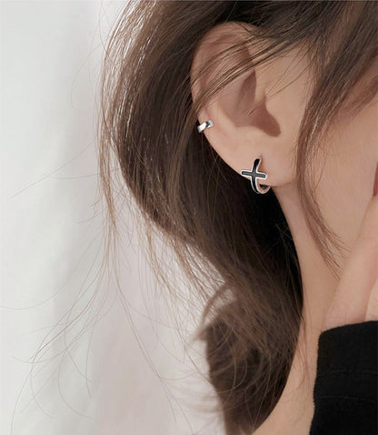 9mm Cross Hoop Earrings in Sterling Silver with Black Glaze - sugarkittenlondon