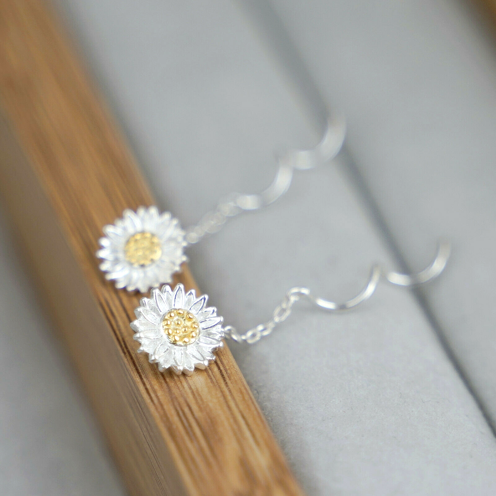 Sunflower Pull-Through Wave Threader Dangle Earrings in Sterling Silver - sugarkittenlondon