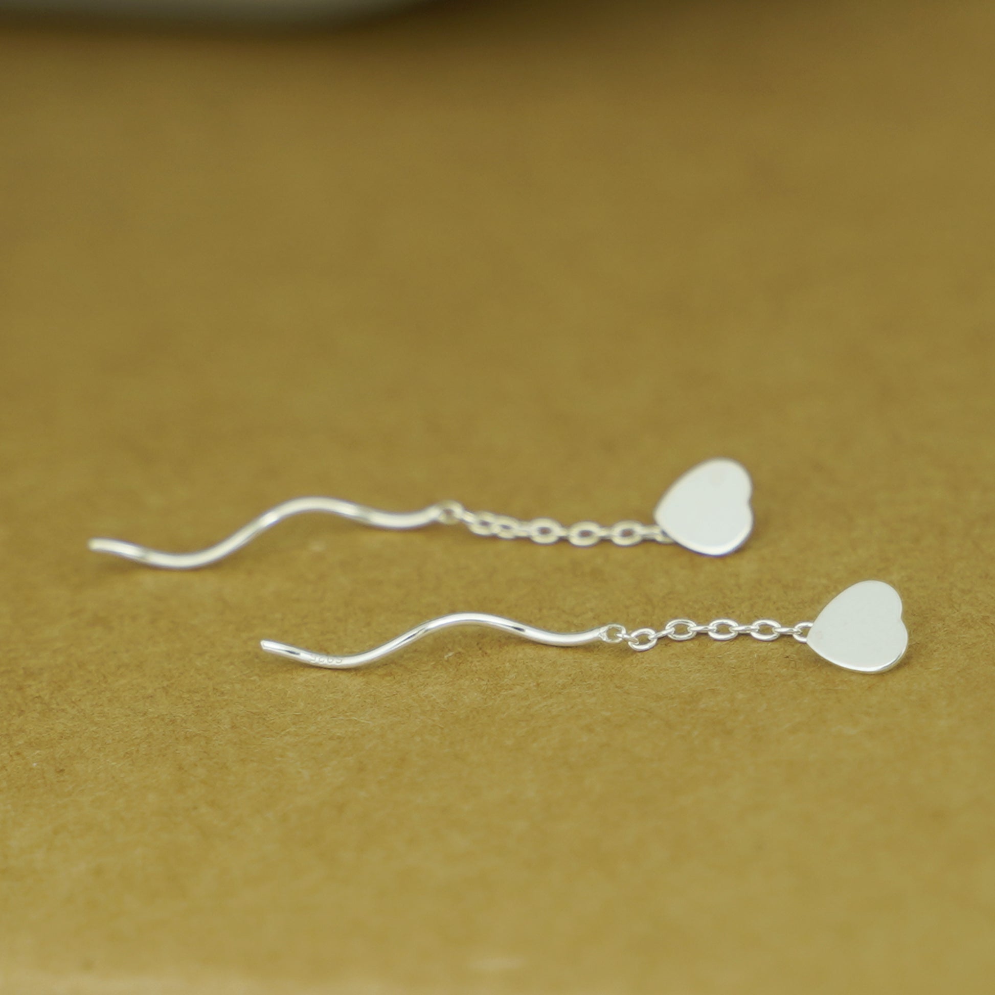 Shining Heart Sterling Silver Wave Pull Through Threader Dangle Earrings - sugarkittenlondon