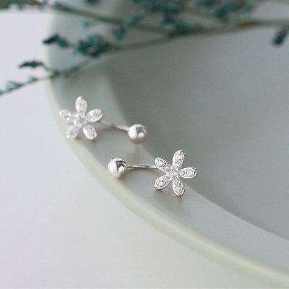 Sterling Silver Paved CZ Flower Barbell Bead Screw Back Jacket Earrings for Women - sugarkittenlondon