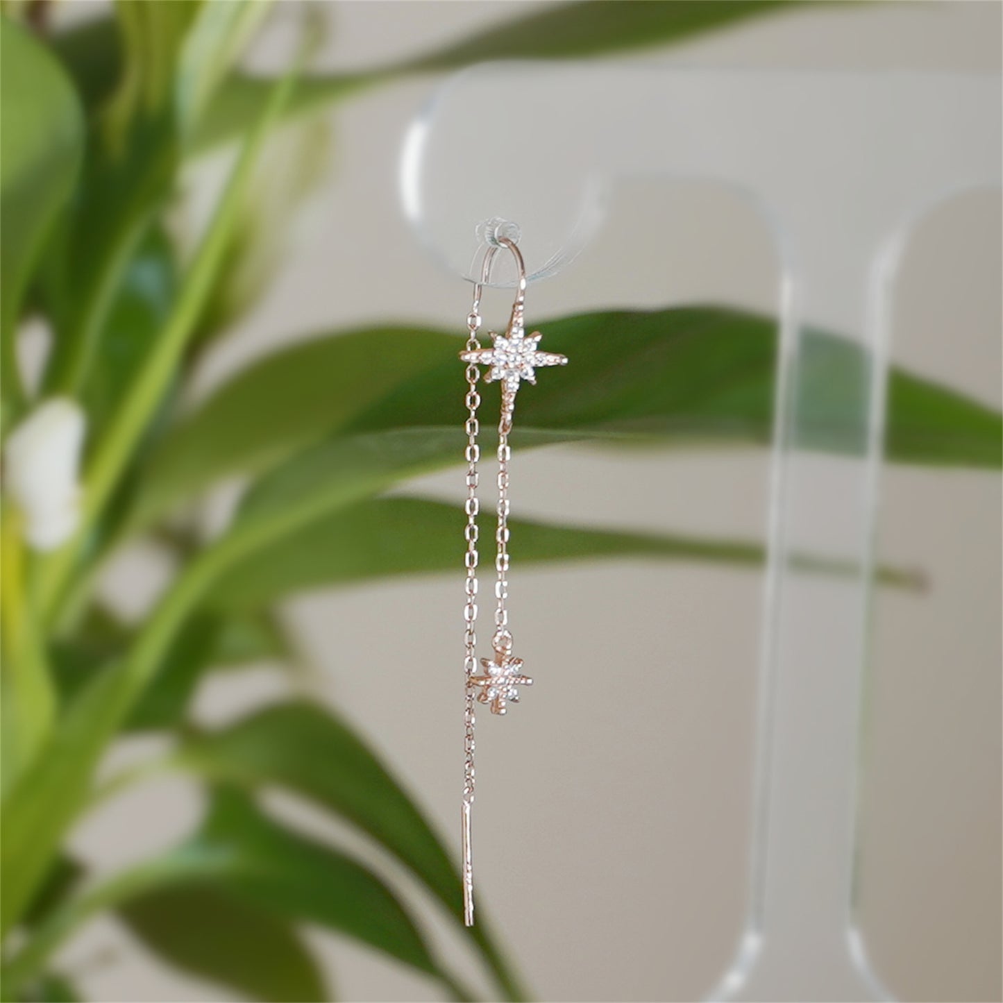 Rose Gold Threader Earrings with Paved CZ Pole Star Chain Drops - sugarkittenlondon