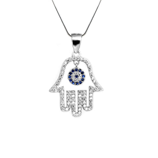 Sterling Silver Evil Eye Hamsa Hand of Fatima Pendant Necklace with Blue Paved CZ - sugarkittenlondon