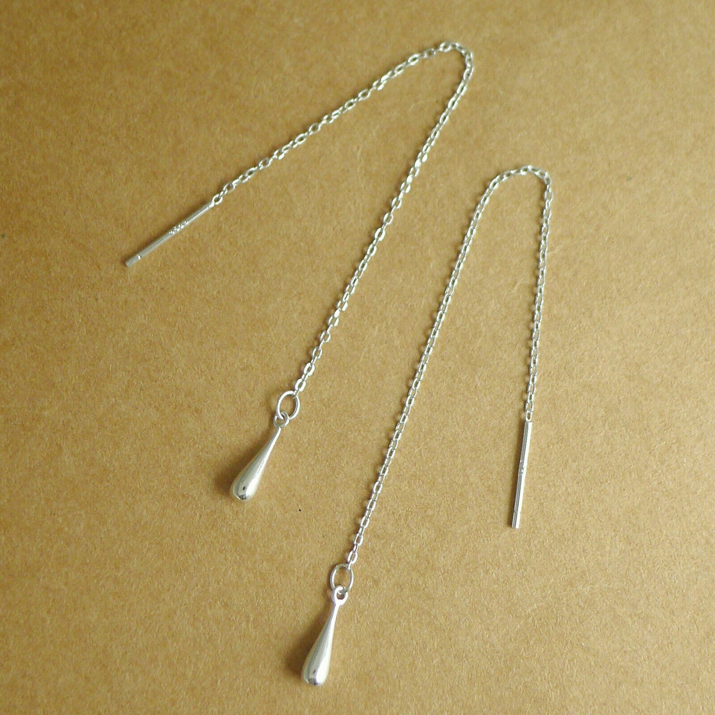 925 Sterling Silver Teardrop Threader Dangle Earrings - Fine Line Pull Through - sugarkittenlondon