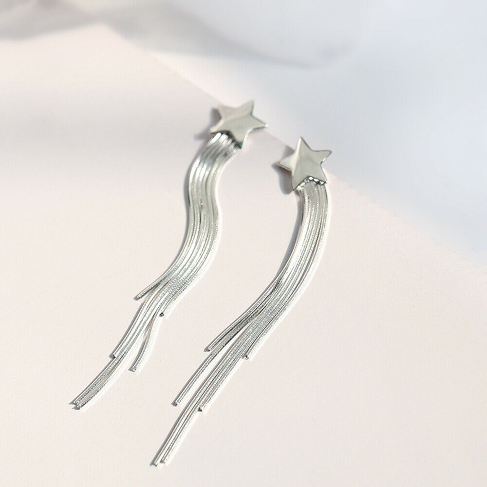 925 Sterling Silver Star Tassel Drop Earrings with Cascading Chain - sugarkittenlondon