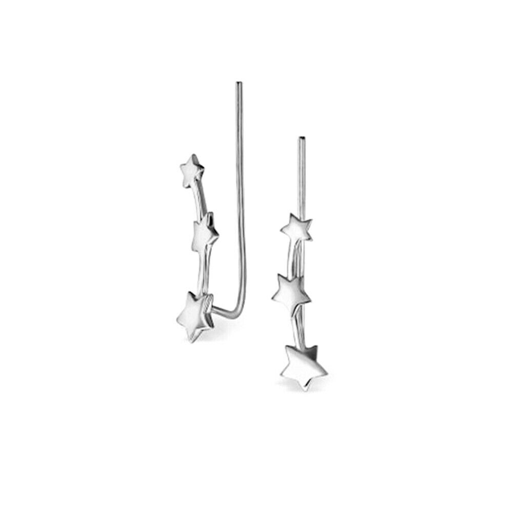 925 Sterling Silver Star Ear Climber Earrings with Triple Linked Stars - sugarkittenlondon