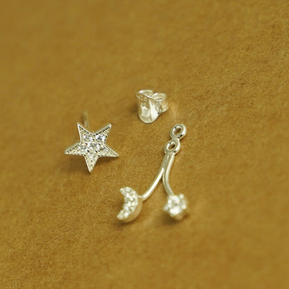 Sterling Silver Star Crescent Moon CZ Drop Double Side Jacket Stud Earrings - sugarkittenlondon