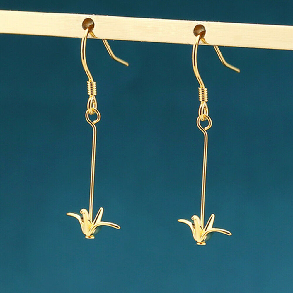 925 Sterling Silver Gold-Plated Origami Crane Dangle Drop Hook Earrings - sugarkittenlondon