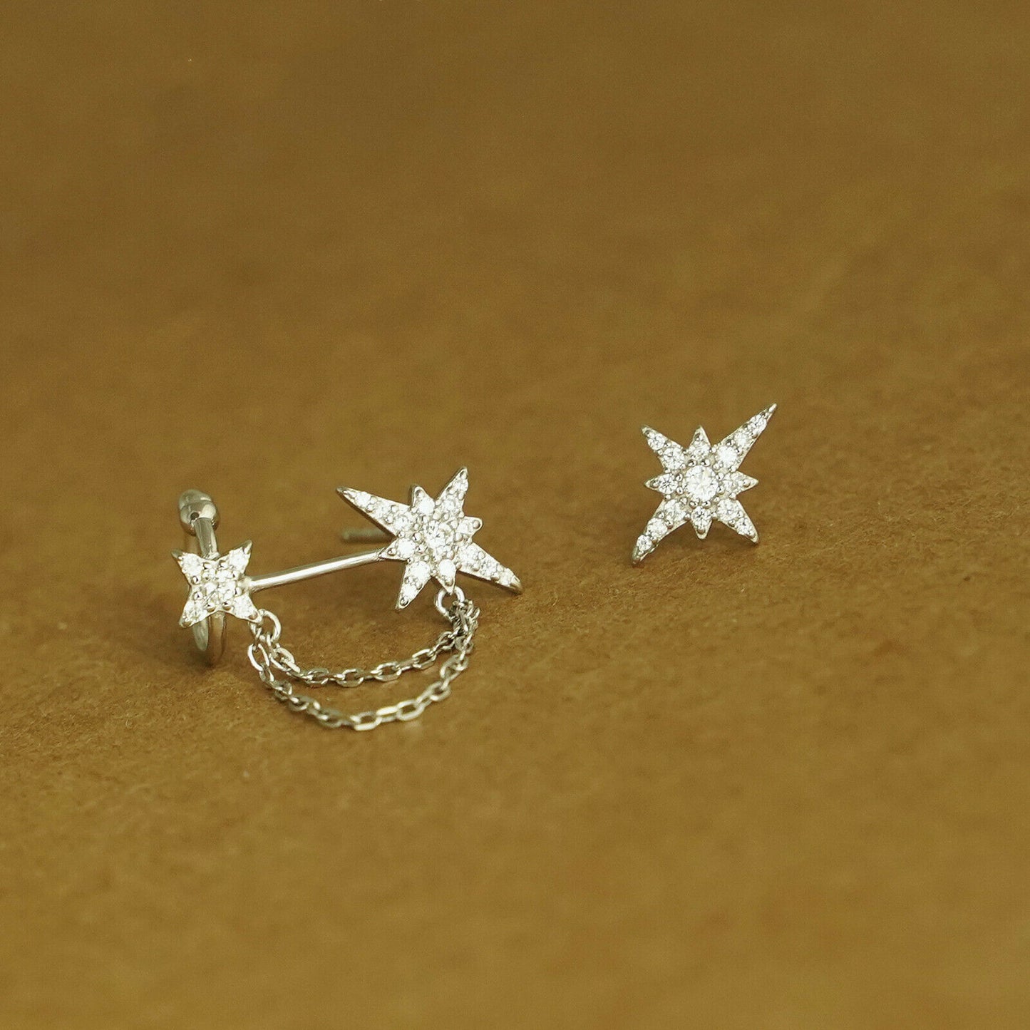 Asymmetrical Sterling Silver Paved CZ Pole Star Chain Cuff Earrings - sugarkittenlondon