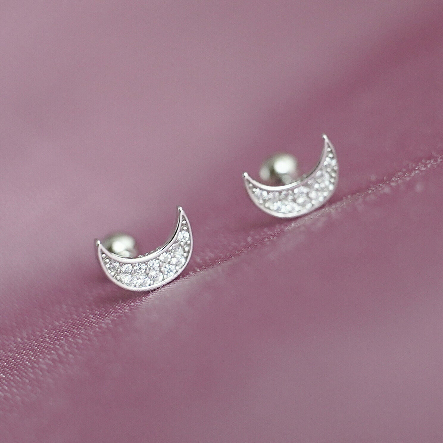 Sterling Silver Eternity Moon Cubic Zirconia Stud Earrings with Screw Back - sugarkittenlondon
