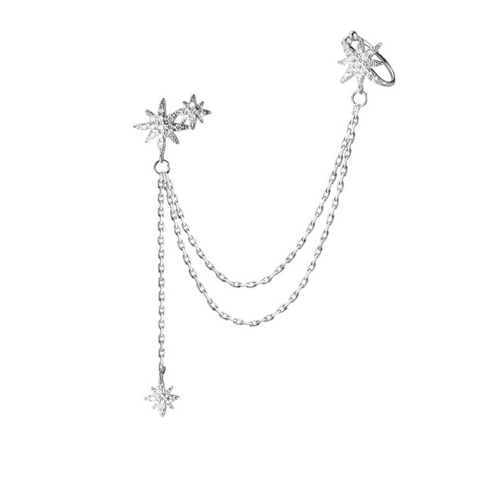 Sterling Silver Paved CZ Pole Star Chain Drop Cuff Pin Post Earrings (One Side) - sugarkittenlondon