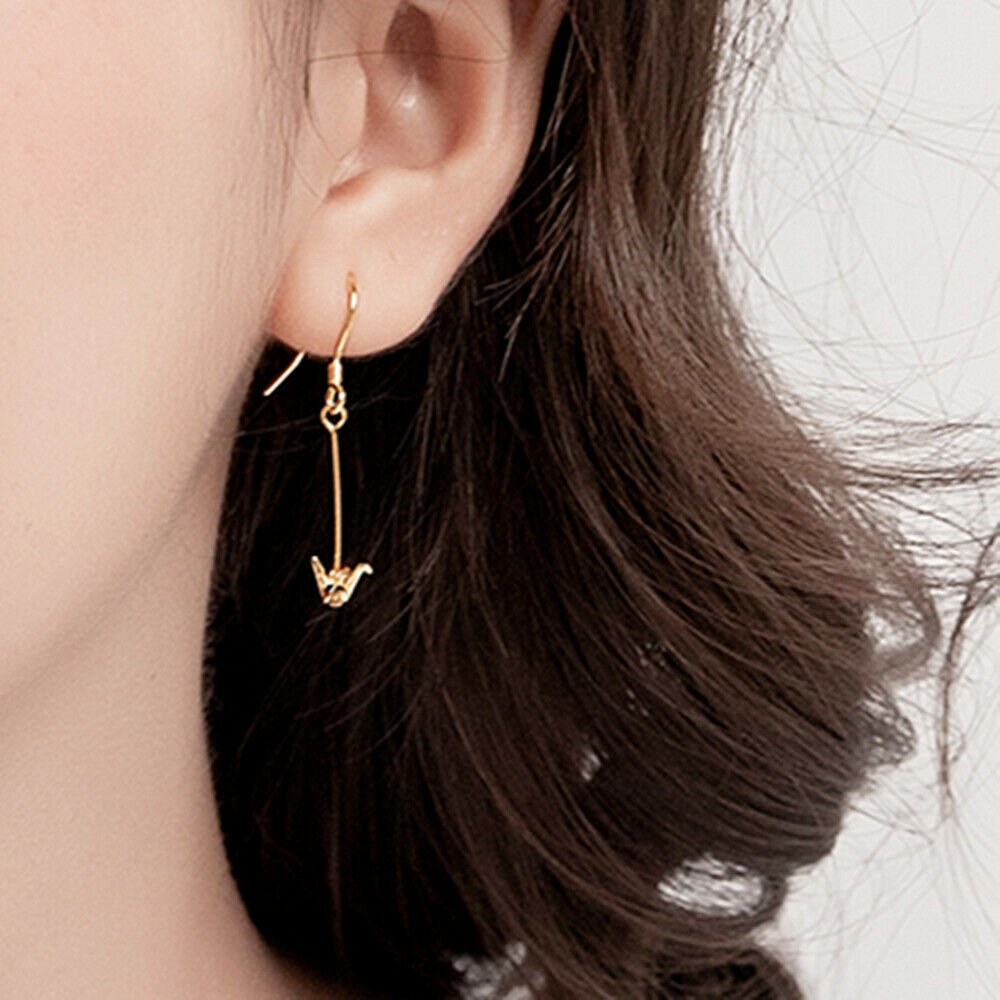 925 Sterling Silver Gold-Plated Origami Crane Dangle Drop Hook Earrings - sugarkittenlondon