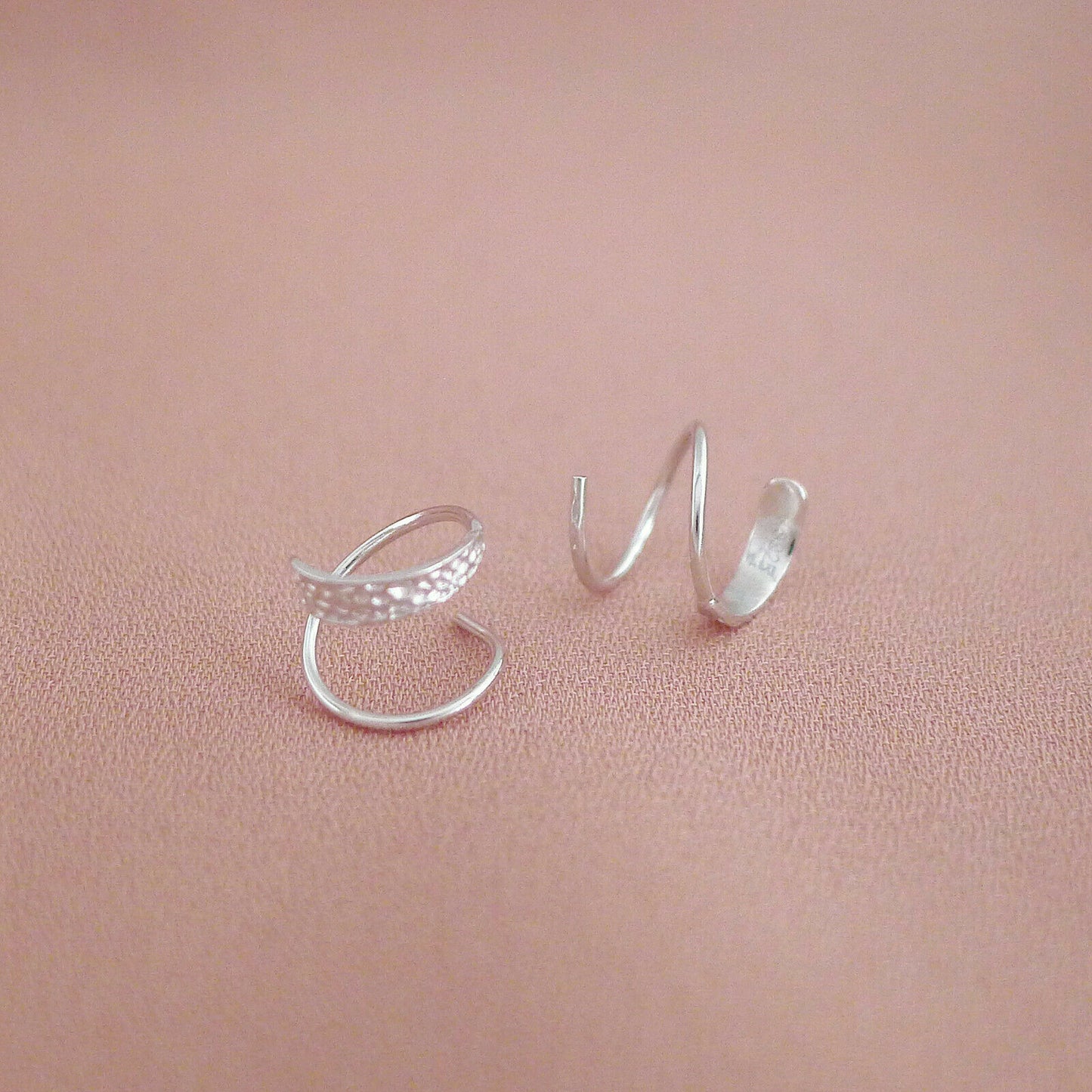 Sterling Silver Hammered Twirl Wire Huggie Faux 2 Piercings Earrings - sugarkittenlondon