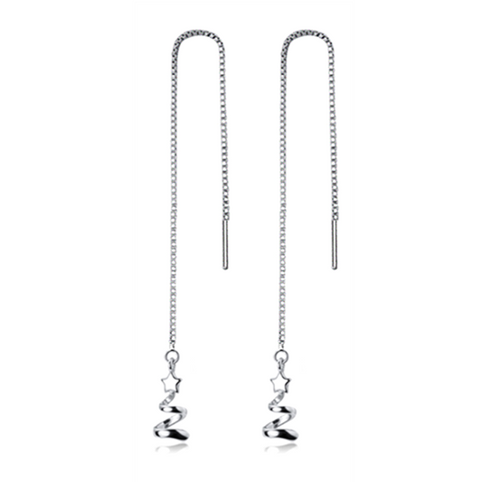 925 Sterling Silver Threader Earrings with Mini Star Ribbon Christmas Tree Charm - sugarkittenlondon