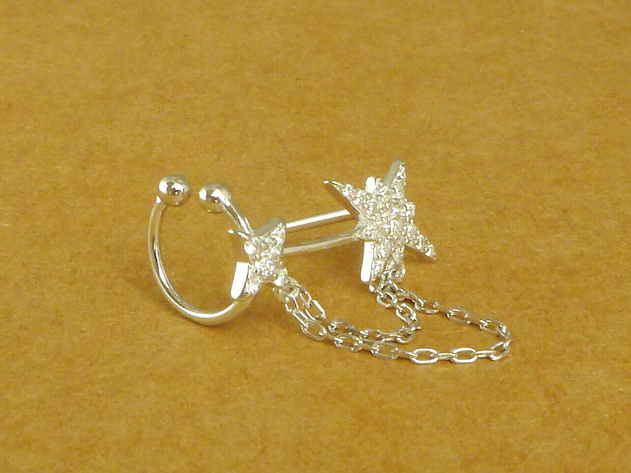 Asymmetrical Sterling Silver Paved CZ Pole Star Chain Cuff Earrings - sugarkittenlondon