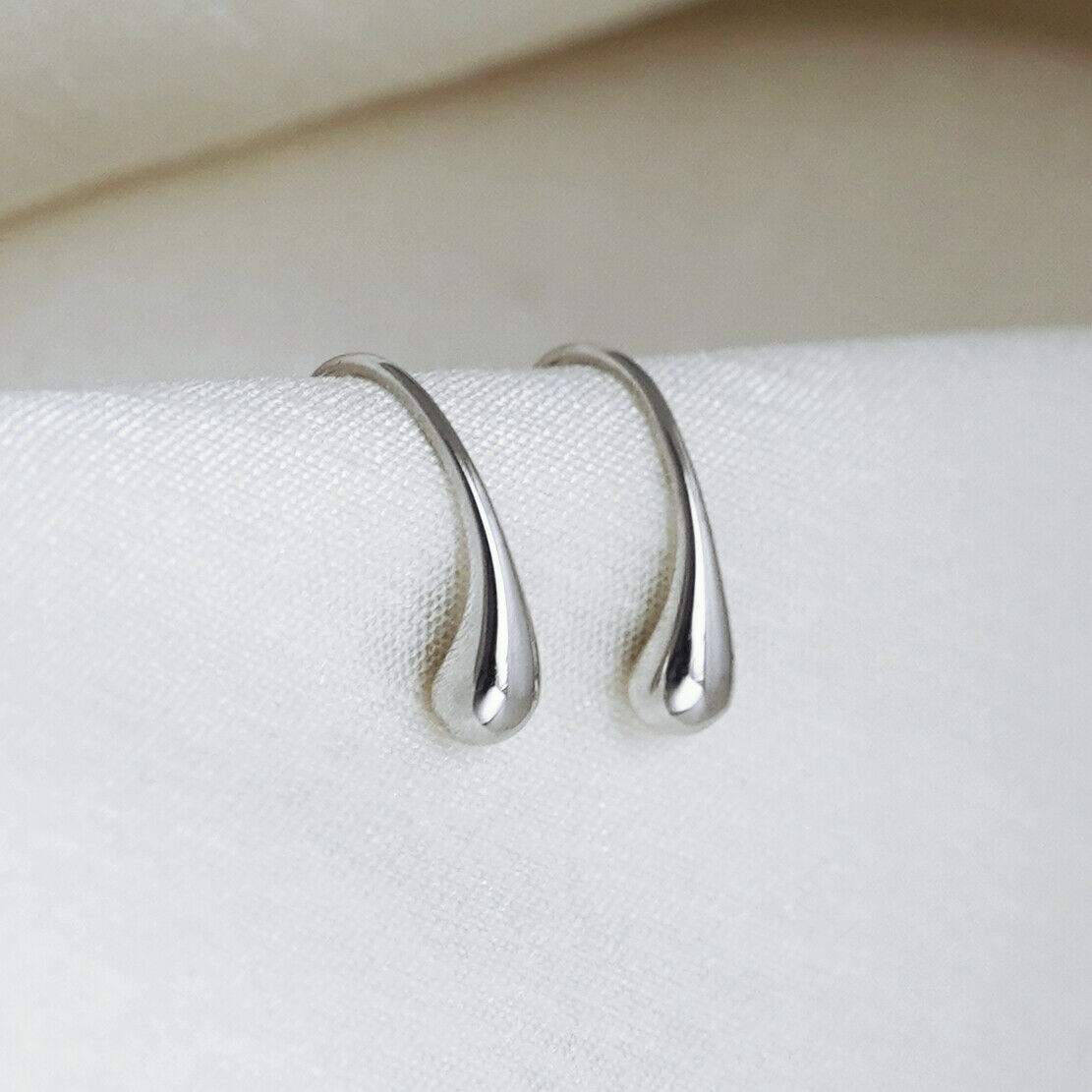 Hoop Drop Earrings Sterling Silver Plain Shiny Waterdrop Teardrop Hoop Drop Earrings 1.8cm - sugarkittenlondon