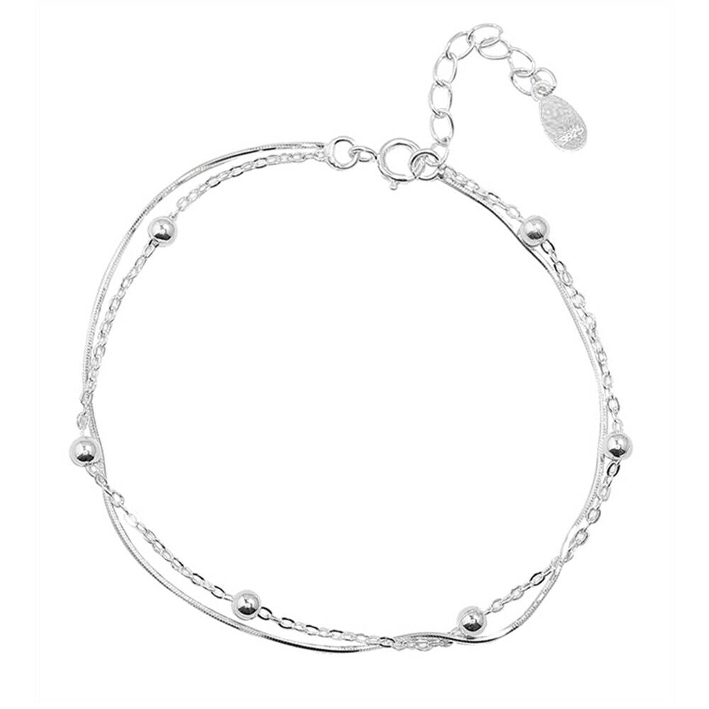 Rhodium on Sterling Silver 3mm Bead Ball Snake Chain Adjustable 2 Layers Bracelet - sugarkittenlondon