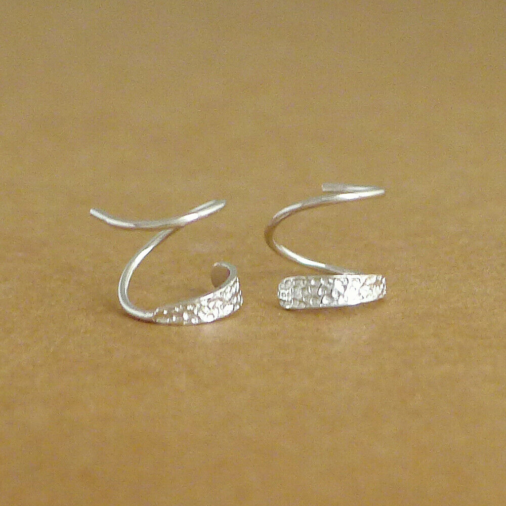 Sterling Silver Hammered Twirl Wire Huggie Faux 2 Piercings Earrings - sugarkittenlondon