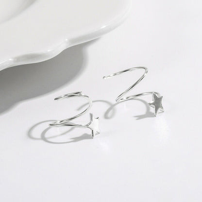Sterling Silver Star Reverse Worn Twirl Wire Huggie Faux 2 Piercings Earrings - sugarkittenlondon